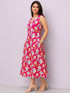 Pink Floral Printed Sleeveless Rayon Midi Dress for Women – Stylish Summer Wear