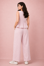 Pink Gingham Peplum Cotton Coord Set for Women – Casual Summer Wear