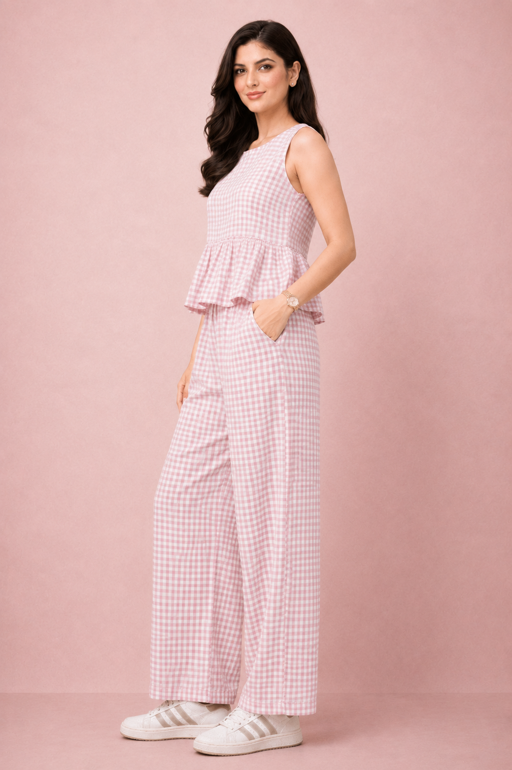 Pink Gingham Peplum Cotton Coord Set for Women – Casual Summer Wear