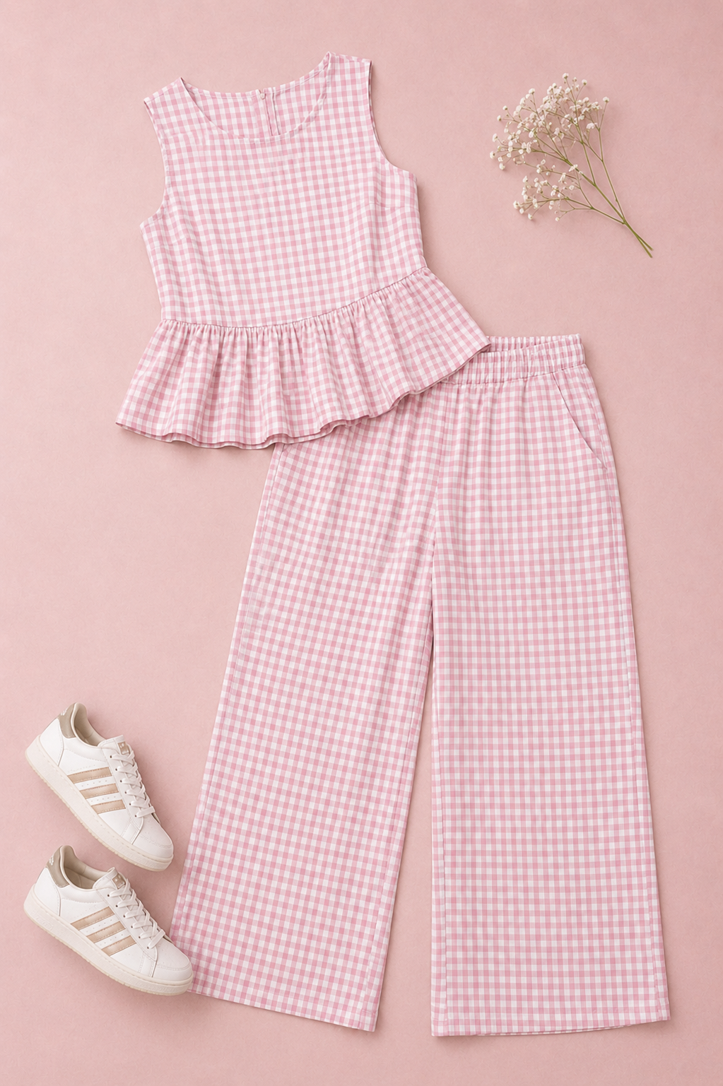Pink Gingham Peplum Cotton Coord Set for Women – Casual Summer Wear