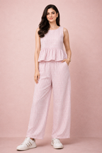 Pink Gingham Peplum Cotton Coord Set for Women – Casual Summer Wear