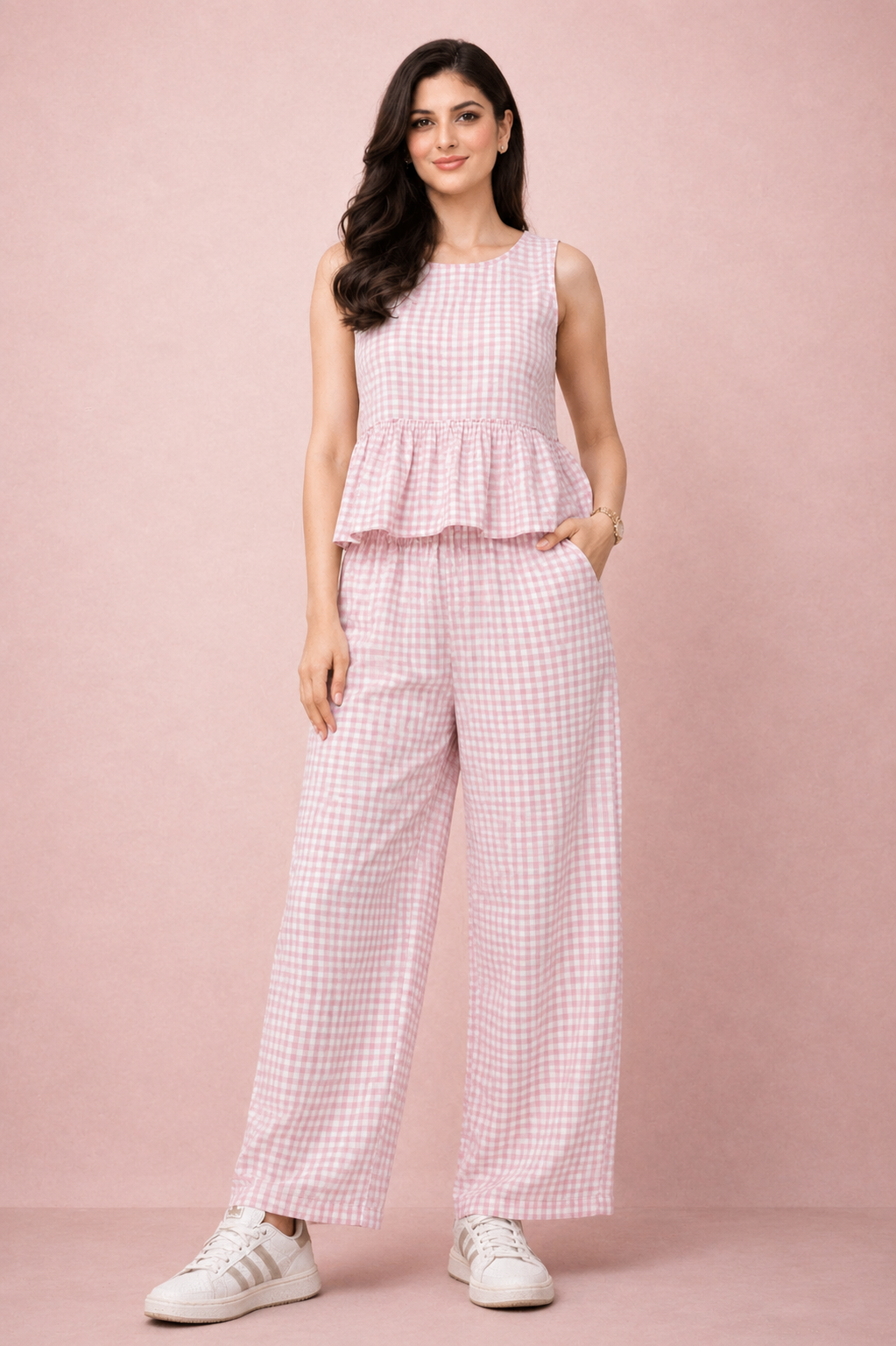 Pink Gingham Peplum Cotton Coord Set for Women – Casual Summer Wear