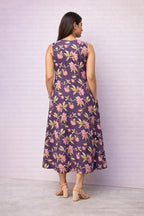 Back view of purple floral printed sleeveless midi dress for women