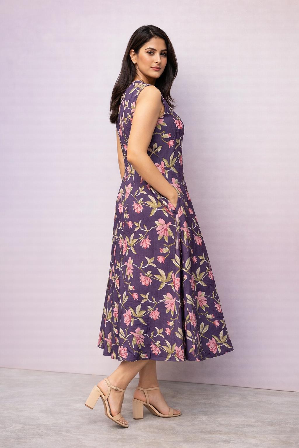 Side view of purple floral printed sleeveless midi dress for women