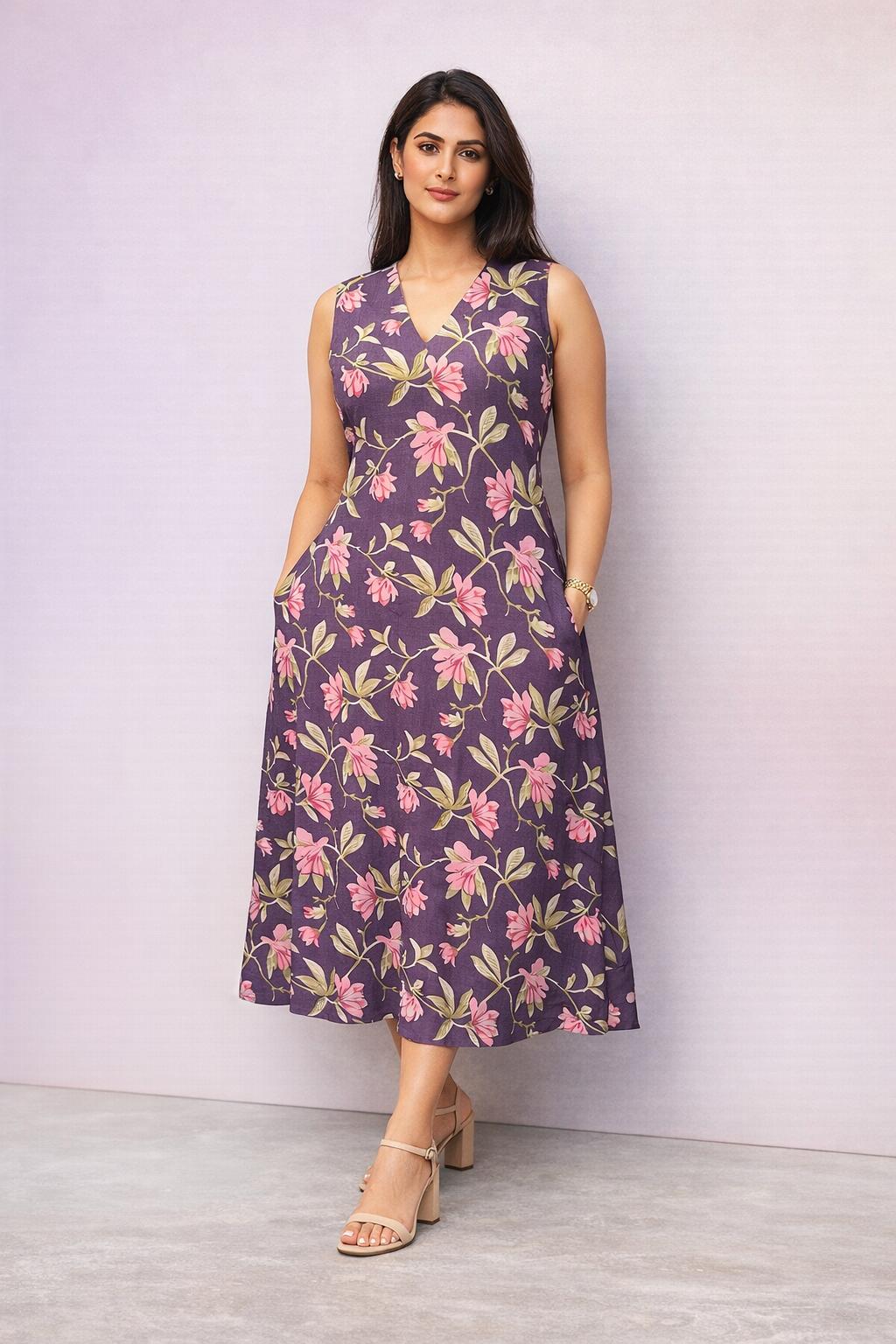 Purple floral printed sleeveless midi dress for women – stylish summer outfit
