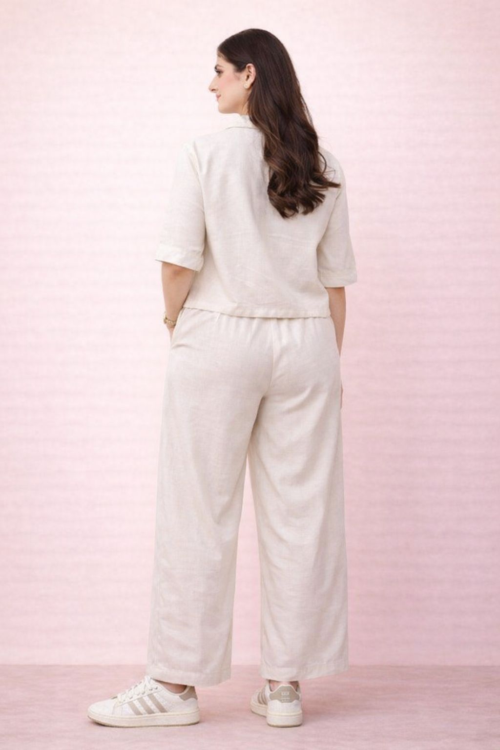 Back view of solid rayon relaxed coord set for women
