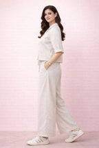 Side view of solid rayon relaxed coord set for women