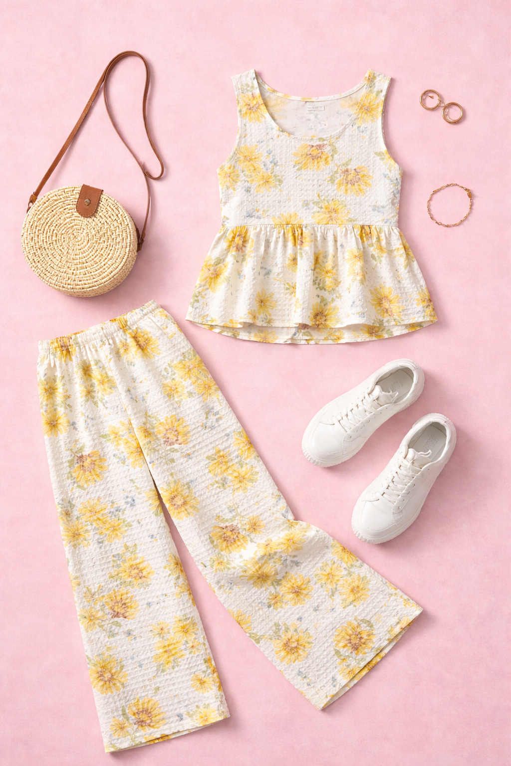 Close-up of sunflower print fabric on women’s coord set