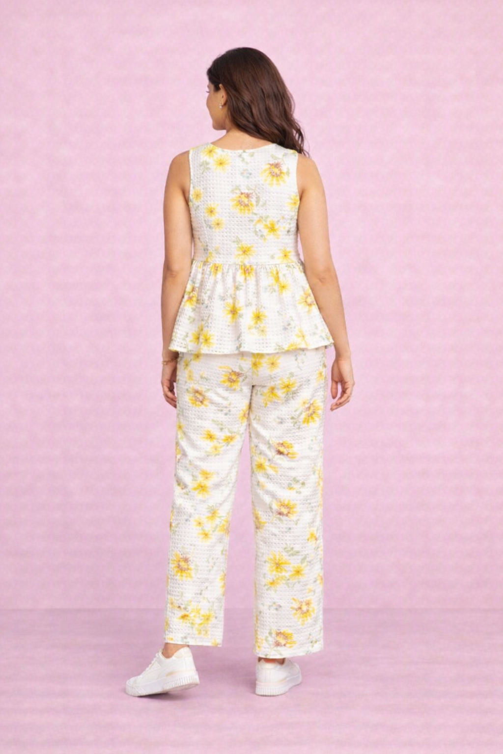 Side view of sunflower printed coord set for women
