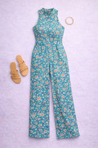 Flat lay of teal blue women’s sleeveless jumpsuit