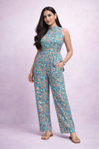 Teal blue printed sleeveless jumpsuit for women – stylish summer outfit