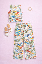 Flat lay of tropical print on women’s coord set fabric
