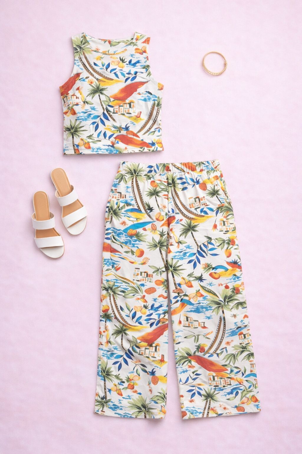 Flat lay of tropical print on women’s coord set fabric