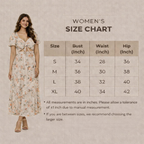 Size chart showing measurements for women’s coord set, jumpsuit and dress