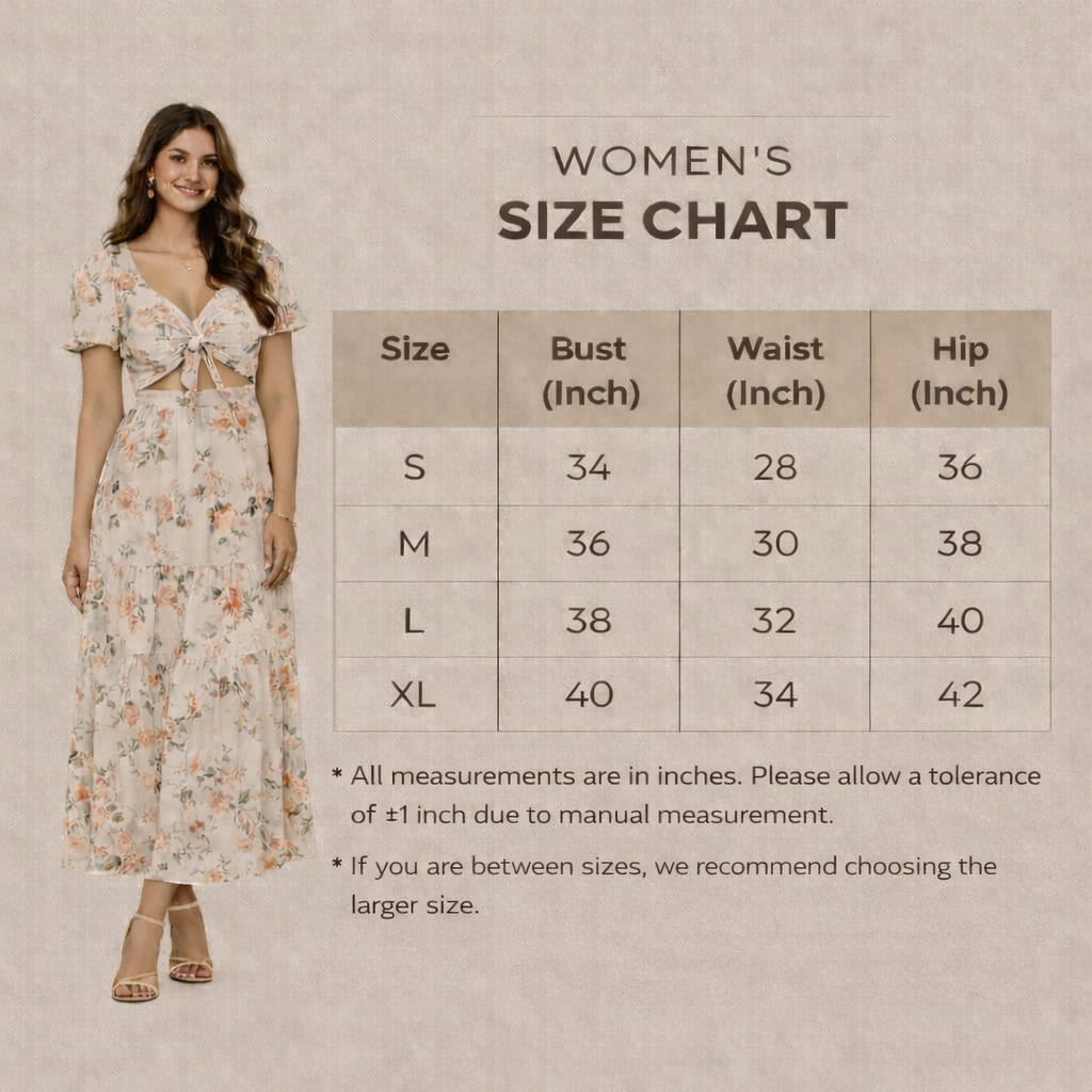 Size chart showing measurements for women’s coord set, jumpsuit and dress