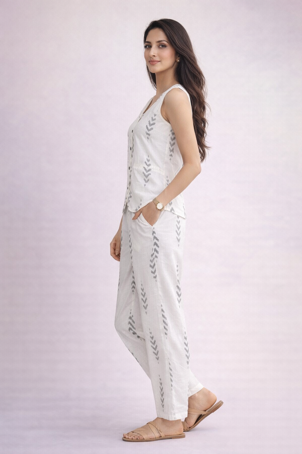 Side view of women’s vest coord set