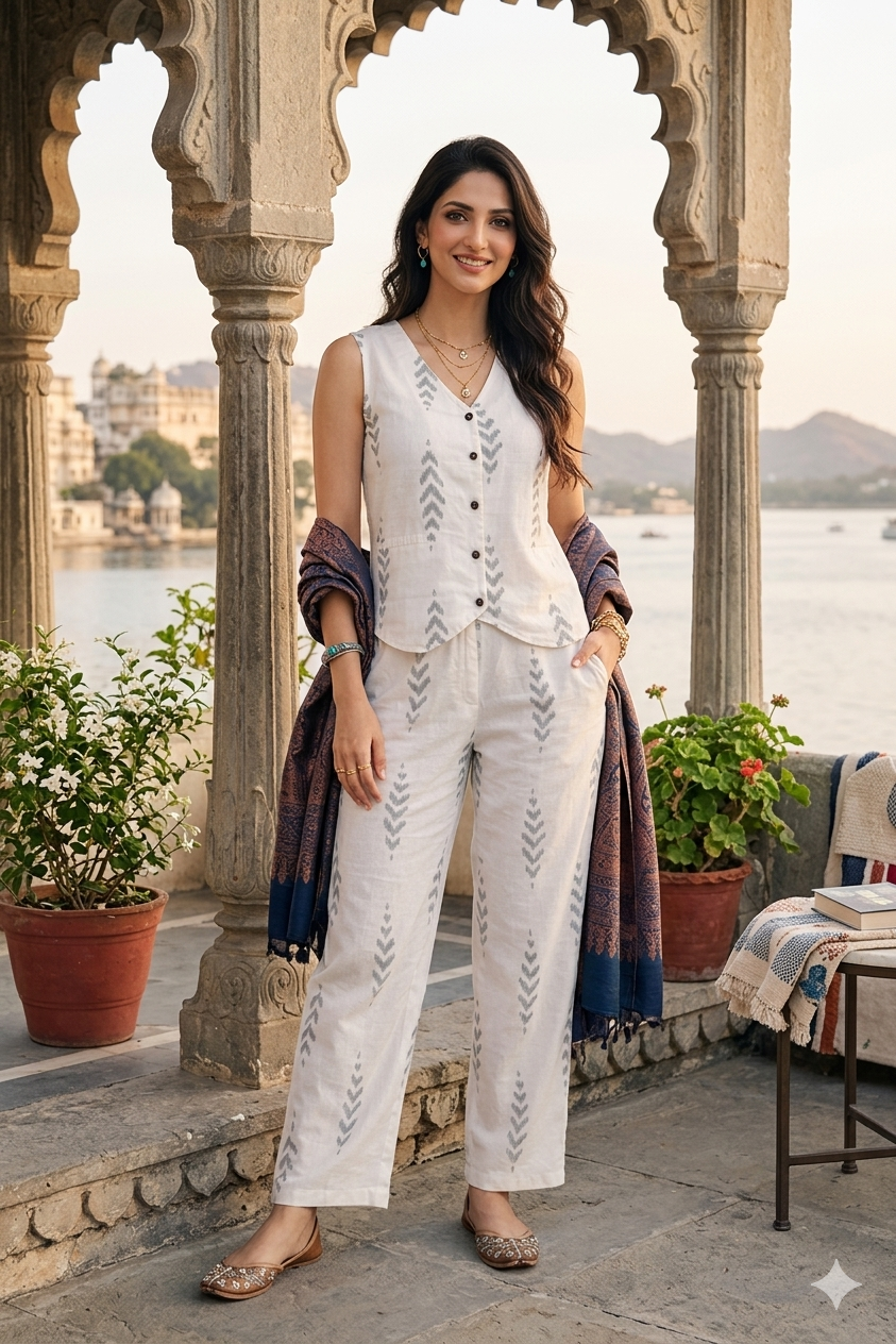 Woman in a vest coord set standing in front of an archway with a scenic background